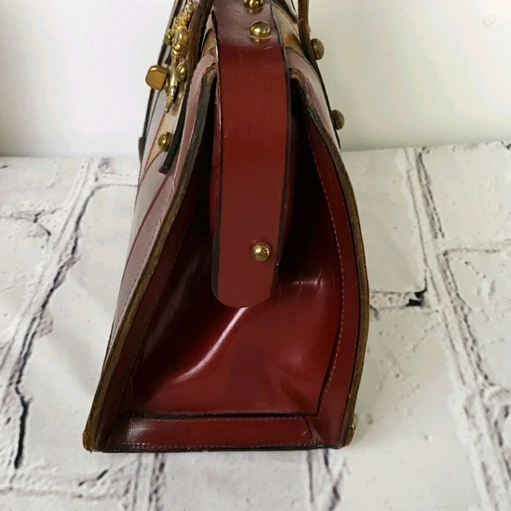 Vintage Leather Patched Satchel Handbag Browns Mid Century
